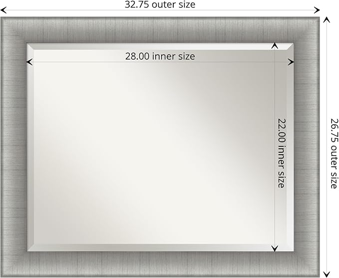 Amanti Art Silver Bathroom Mirror for Over Sink, 27x33 Elegant Brushed Pewter Rectangle Vanity Mirror, Large Casual Frame, Hangs Horizonally and Vertically, Bathroom Wall Decor, Beveled Edge