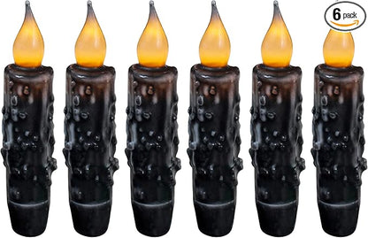 CVHOMEDECO. Real Wax Hand Dipped Battery Operated LED Timer Taper Candles Rustic Primitive Flameless Lights Décor, 4-3/4 Inch, Matt Black, 6 PCS in a Package