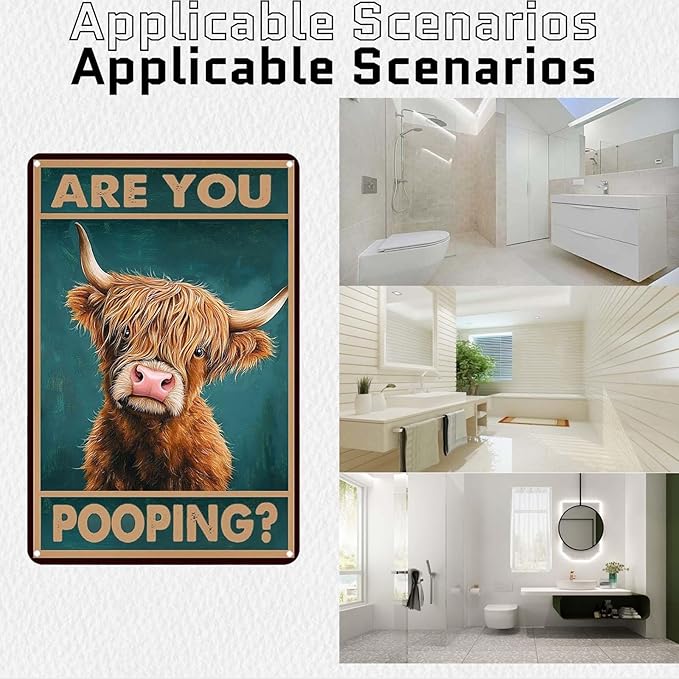 Metal Sign Vintage Sign Highland Cow Are You Pooping Funny Tin Sign for Bathroom Toilet Wall Decor 8x12 Inch