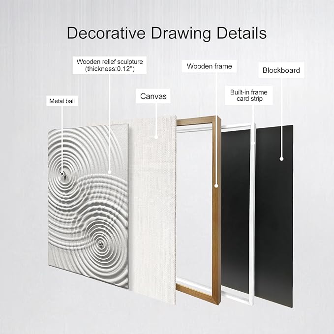 BrightA Modern Wave Texture Wood Wall Art with Silver Metal Sphere, Light Gray 3D Carved Panel for Living Room Bedroom Office Decor 27.5"x39.4"