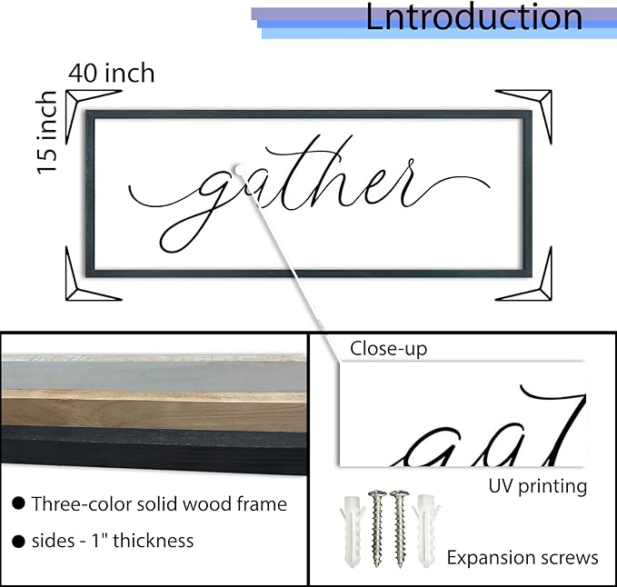 FZMHASLWW Gather Sign Wall Decor 40"×15" Large Wooden Framed for Dining Room Simple Home Kitchen Hanging Art (Black)