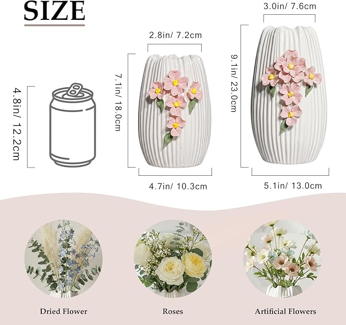Ceramic Flower Vase - 9 Inch White Modern Vase for Pampas Grass, 3D Floral Vase for Living Room, Kitchen, Easter Table, Dining Room, Table Decor