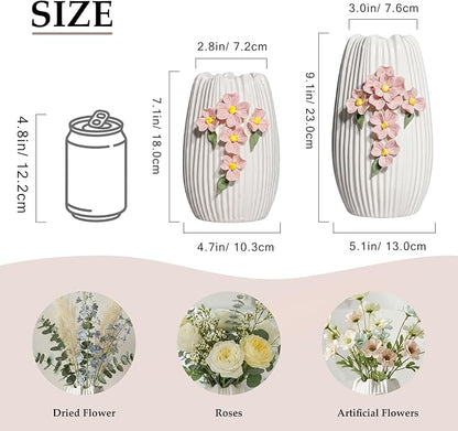 White Ceramic Flower Vase, 7 Inch Small Boho Vase for Pampas Grass, 3D Floral Modern Vases Home Decor, Wedding, Valentine, Dining Table Decoration, Bedroom Decor