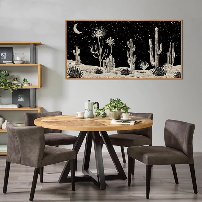 Desert Night Cactus Framed Canvas Wall Art Set,Southwestern Black and White Landscape Wall Decor,Rustic Wooden Mid Century Boho Moon Artwork for Living Room,Bedroom-20 x40
