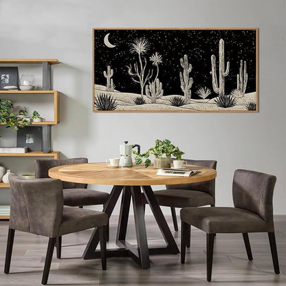 Desert Night Cactus Framed Canvas Wall Art Set,Southwestern Black and White Landscape Wall Decor,Rustic Wooden Mid Century Boho Moon Artwork for Living Room,Bedroom-20 x40