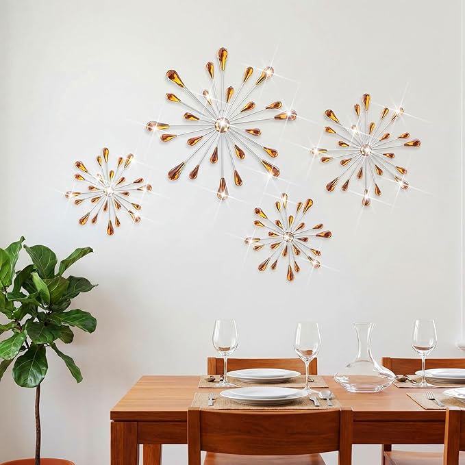 Hicarer 4 Pcs Starburst Wall Decor Bling Wall Art Crystal Teardrop 3D Hanging Rhinestone Radial Metal Artwork Modern Accent Sculptures Decorations for Living Room Home Office Bedroom(Amber)