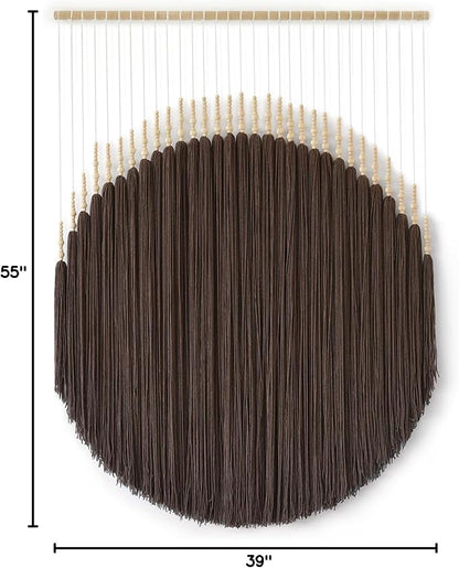 IOWER Macrame Wall Hanging Brown Yarn Beaded Backdrop Boho Wall Decor Round Tassel Home Wall Aesthetic Living Rooms Bedrooms Offices Geometric Art Chic Home Decor 39" W x 55" L