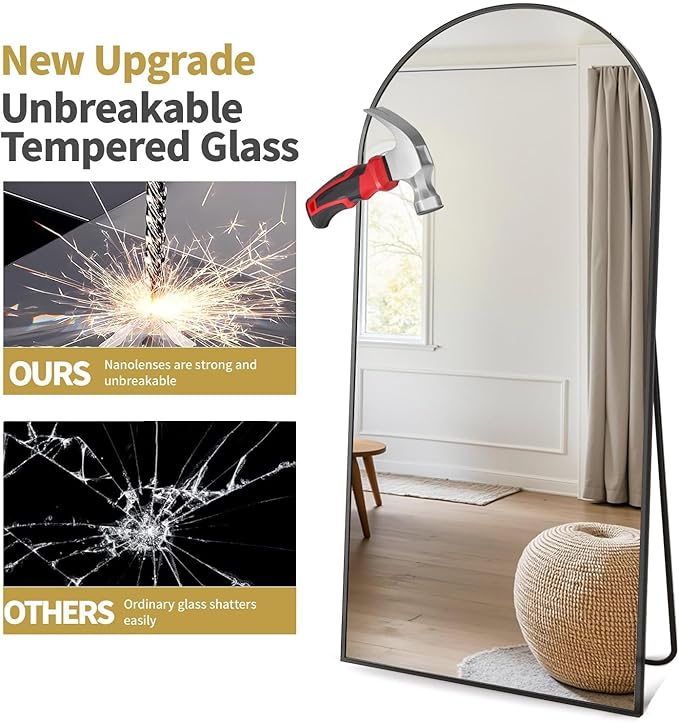 Prywot Full Length Mirror, Oversized 90"x46" Arched-Top Floor Mirror, Free Standing Mirrors, Modern Full Body Mirrors with Aluminum Alloy Frame for Bedroom,Living Room, Black
