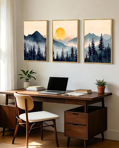 PHOPAGO Blue Fog Pine Tree Mountain Landscape Framed Wall Art Large 16x24in Retro Watercolor Nature Misty Forest Artwork Paints Sun Rise Rustic Farmhouse Home Decor - Natural Framed