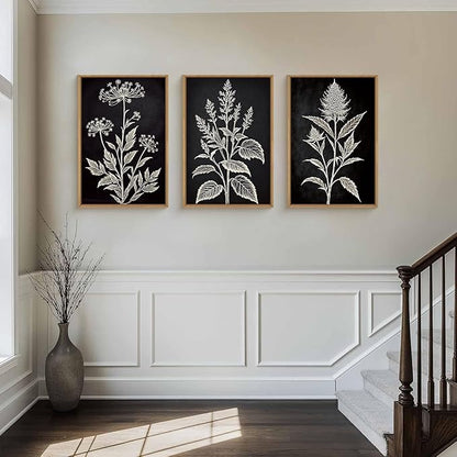 HPNIUB Black and White Leaves Framed Wall Art Set,Minimalist Flower Botanical Floral Wall Decor,Boho Sketch Elegant Leaf Art Print,Modern Wildflower Artwork for Living Room, Bedroom,Office-16''x24''x3