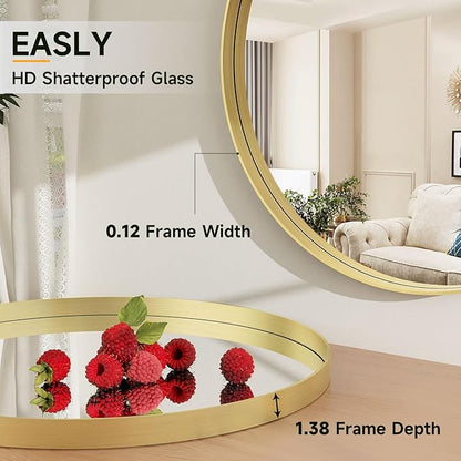 24 Inch Round Bathroom Mirror - Wall Mounted Circle Mirror with Metal Frame, Modern Mirror Suitable for Bathroom, Vanity, Entryway, Living Room, Wall Decor,Gold