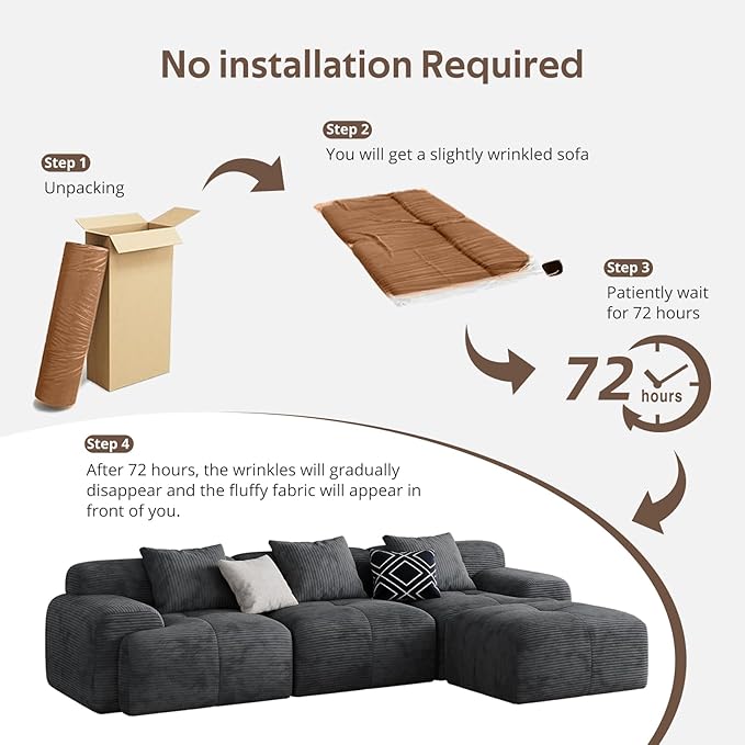 Modern L-Shaped Modular Sectional Sofa for Living Room，Oversized 3-Seater Couch with Deep Seat and Movable Ottoman – No Assembly,Comfortable Suede Fabric Boneless Sofa (Dark Gray)