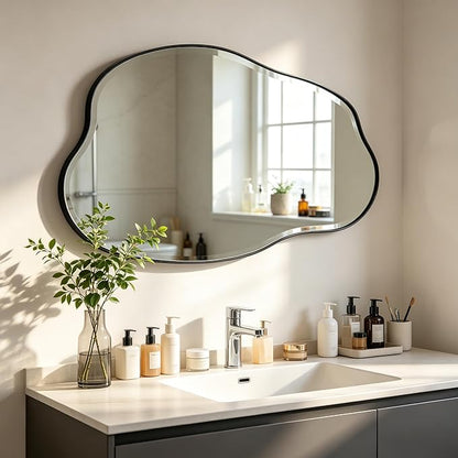 POZINO Irregular Beveled Mirror, 42"x28" Asymmetrical Bathroom Vanity Mirror with Metal Frame, Cloud Shaped Wall Mirrors for Living Room Bedroom Hallway Entryway, Horizontal or Vertical Hanging