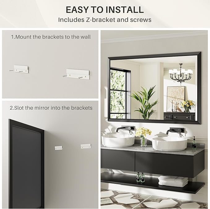 Briivue 55x36 Inch Black Bathroom Mirror for Wall, Thick Metal Framed Rectangle Mirrors for Over Sink, Bedroom, Living Room, Entryway, Anti-Rust, HD Tempered Glass