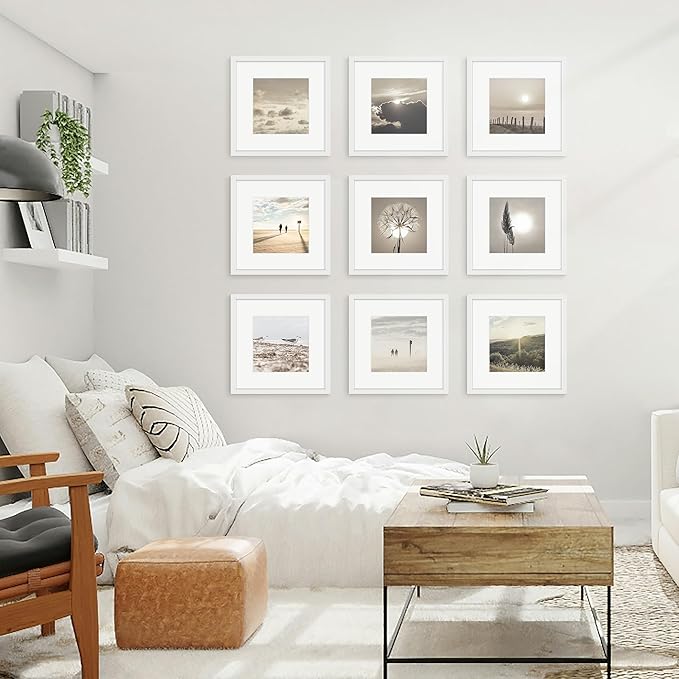 12x12 Picture Frame Sef of 10, Display Pictures 8x8 with Mat or 12 x 12 Without Mat, Photo Frame Collage for Wall Gallery Decor, Wall Mounted, White
