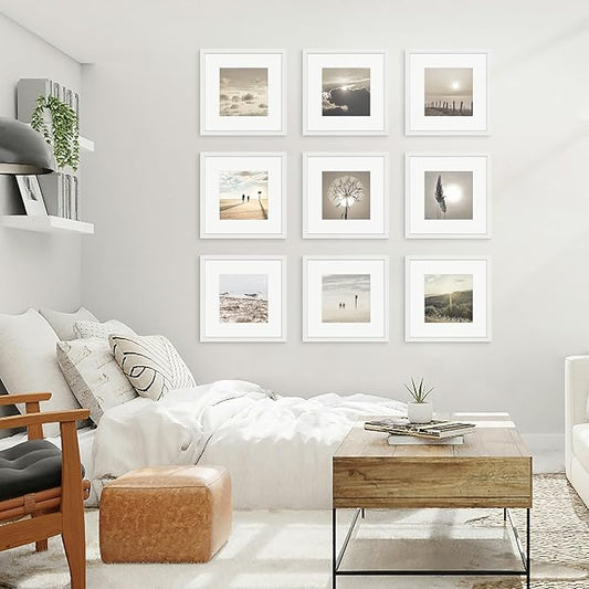 12x12 Picture Frame Sef of 10, Display Pictures 8x8 with Mat or 12 x 12 Without Mat, Photo Frame Collage for Wall Gallery Decor, Wall Mounted, White