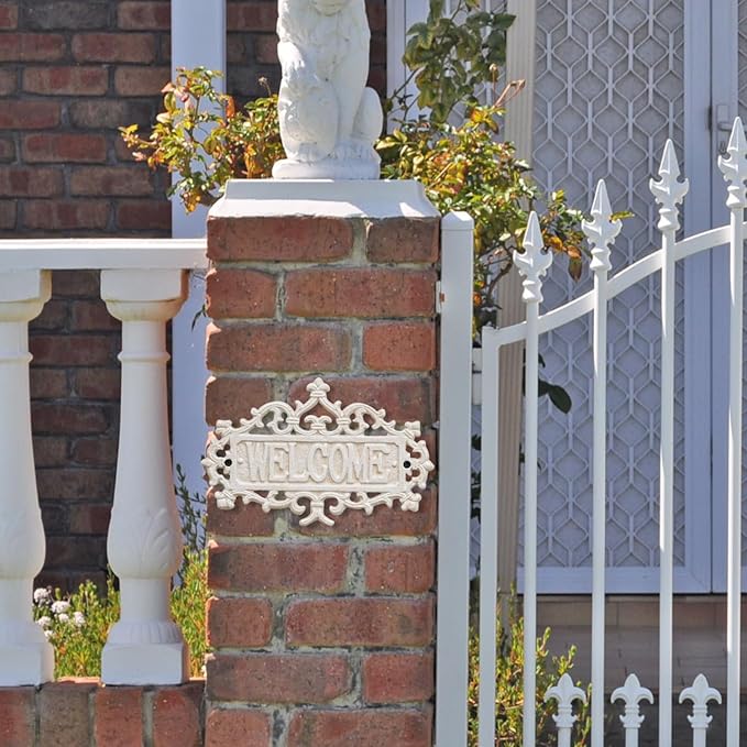 Sungmor Cast Iron Welcome Sign – Vintage Style Decorative Wall Plaque – Ornate Scroll Design for Porch, Entryway, Garden or Fence – Outdoor Wall Hanging Sign, Rustic Metal Home Decor