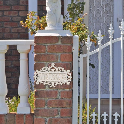 Sungmor Cast Iron Welcome Sign – Vintage Style Decorative Wall Plaque – Ornate Scroll Design for Porch, Entryway, Garden or Fence – Outdoor Wall Hanging Sign, Rustic Metal Home Decor