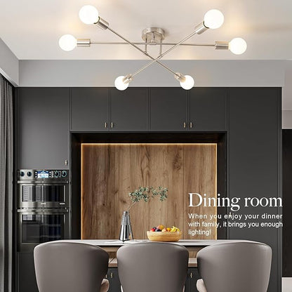 6-Light Modern Sputnik Chandeliers, Silver Mid Century Semi Flush Mount Ceiling Light Fixtures with E26 Base, Industrial Vintage Kitchen Farmhouse Light for Dining Room Bedroom Living Room
