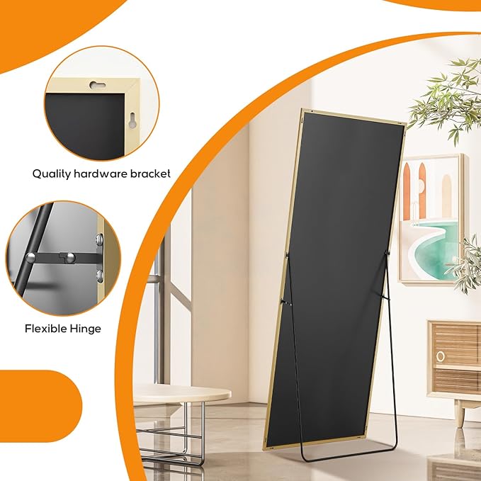 Mirror Full Length, Upgraded 21"x64" Body Wall Mirrors with Shatter-Proof Glass, Floor Standing, Hanging or Leaning, Large Tall Mirror with Stand Aluminum Alloy Frame for Bedroom Cloakroom
