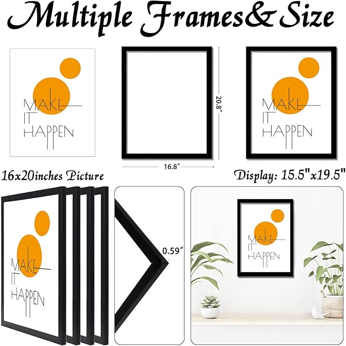 16x20 Picture Frame Set of 4, Black 16 x 20 Frame High Transparent Wall Gallery Poster Canvas Photo Frames for 16 by 20 inches
