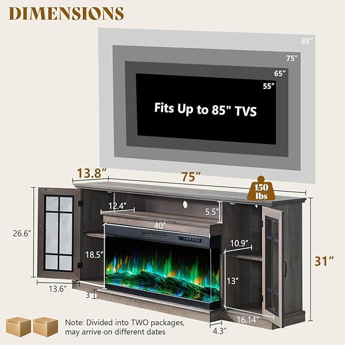 AMERLIFE 75in 3-Sided Glass Fireplace TV Stand for TVs up to 85", Rustic Fireplace Media Entertainment Center Console Cabinet Table with Glass Door Closed Storage, Wash Gray