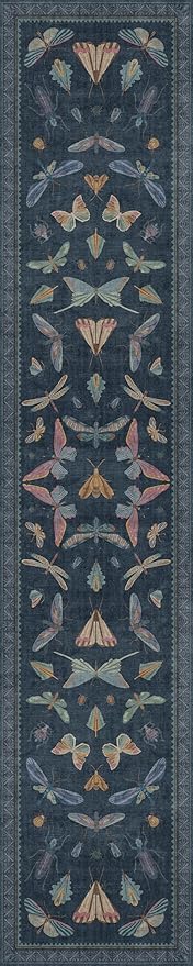 Vintage 2x10 Washable Kitchen Runner Rug, Non Slip Hallway Carpet for Entryway Indoor, Dark Blue Insect Moth Décor, Soft Low Pile Stain Resistant Mat