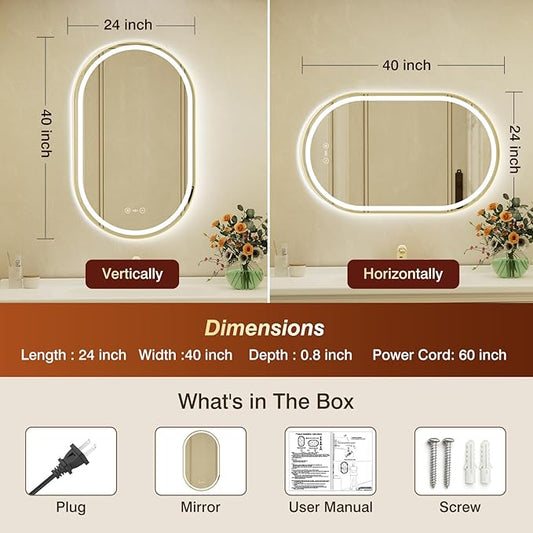 24x40 Inch Oval Gold Framed LED Bathroom Mirror with Lights,Smart Bathroom Mirror,Motion Sensor,Tempered Glass,Anti-Fog,Stepless Dimmable & 3 Colors,Memory,Vanity Mirror for Wall