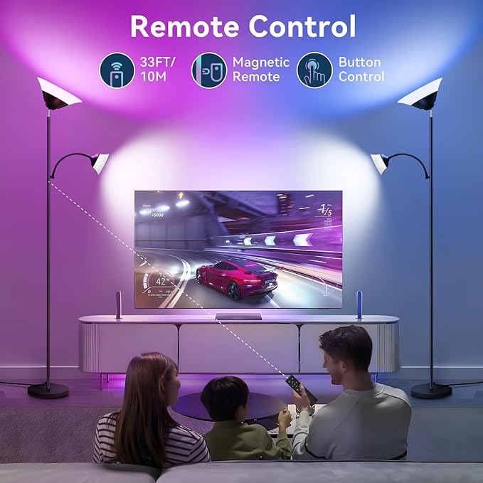 SIBRILLE RGB Torchiere Floor Lamp, 2-in-1 Dimmable Standing Lamp with Remote & Button Control, 34W 360° Rotatable LED Reading Lamp, 72" Modern Tall Corner Lamp for Bedroom, Living Room, Office, Black