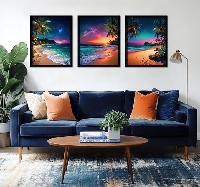 Beach Sunset Black Framed Wall Art for Living Room Tropical Ocean Canvas Prints Northern Lights Aurora Natural Landscape Painting Large Wall Decor for Bedroom Office Dining Room 16"x24"x3pcs