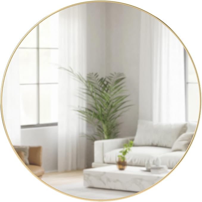 Umbra Hubba Round Wall Mirror with Metallic Frame, Modern Style for Bathroom, Entryway, Living Room and More, 34-Inch, Brass
