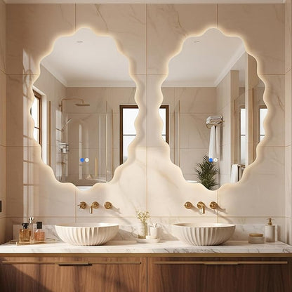 Dorlicecass Oval Wavy Led Bathroom Mirror- Vanity Mirror with Lights IP54 Enhanced Anti-Fog,Single Piece 24"x36" 3 Colors Dimmable, Memory,Tempered Glass,UL Listed