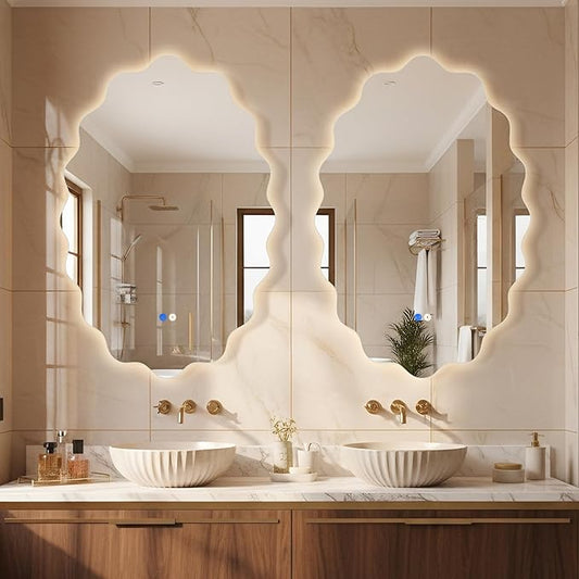 Dorlicecass Oval Wavy Led Bathroom Mirror- Vanity Mirror with Lights IP54 Enhanced Anti-Fog,Single Piece 22"x30" 3 Colors Dimmable, Memory,Tempered Glass,UL Listed