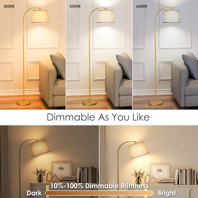 Karjoefar Arc Floor Lamp,64" Standing Lamp with Stepless Dimmable & 3 Colors Temperature,Adjustable Linen Shade and Remote, Glod Arc Floor Lamps for Living Room(with 9W Bulb)