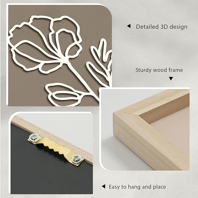 VIYYIEA Wooden 3d Floral Bathroom Wall Decor, Ready-to-Hang Framed Wall Art For Living Room, Bedroom and Office, Boho Botanical Farmhouse Decoration, Lightweight but Valuable Gift (7x16 In, set of 2)
