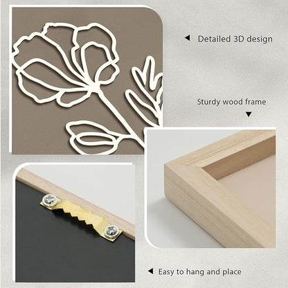 VIYYIEA Wooden 3d Floral Bathroom Wall Decor, Ready-to-Hang Framed Wall Art For Living Room, Bedroom and Office, Boho Botanical Farmhouse Decoration, Lightweight but Valuable Gift (7x16 In, set of 2)