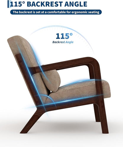 Garvee Mid-Century Modern Accent Chair, Wide-Wale Corduroy Upholstery, Solid Wood Armchair with Removable Lumbar Pillow, Sturdy Reading Chair for Living Room, Bedroom, Guest Room, Easy Assembly, Brown