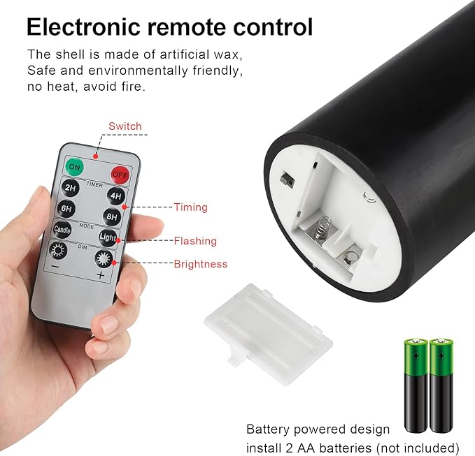 Enpornk 7” x 3” Flameless Candles, Flickering Moving Flame LED Candles, Battery Operated Candles with Remote and Timers, Black, Set of 2