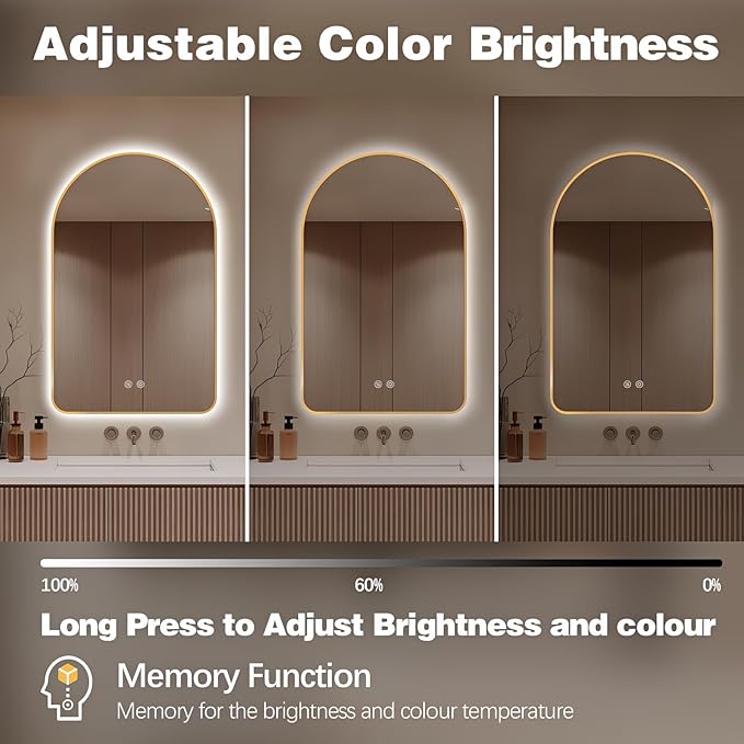 Niccy Arched LED Lighted Bathroom Mirror, 48x24 Inch Backlit Vanity Bathroom Mirror with Lights Brushed Gold Framed Wall Mounted Mirrors with 3 Color Shatterproof Arch Smart Fog Free Mirror