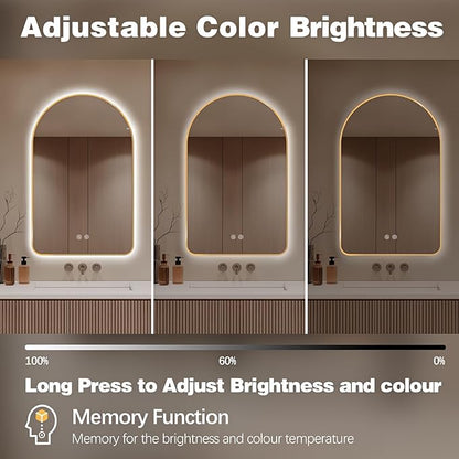 Niccy Arched LED Lighted Bathroom Mirror, 48x24 Inch Backlit Vanity Bathroom Mirror with Lights Brushed Gold Framed Wall Mounted Mirrors with 3 Color Shatterproof Arch Smart Fog Free Mirror