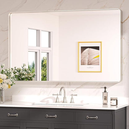 Keonjinn 48 x 30 Brushed Nickel Bathroom Mirrors for Over Sink, Large Rounded Rectangle Bathroom Vanity Mirror, Modern Decorative Silver Mirror, HD Tempered Glass Wall Mirror(Horizontal/Vertical)