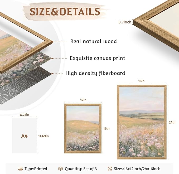 Framed 3Pcs FloralLandscape Canvas Wall Art French Country Painting Picture Wall Decor Vintage Country Wildflower Print Farmhouse Poster Artwork for Living Room Bedroom Home Decoration