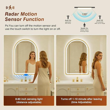22x32 Inch Arched Gold Framed LED Bathroom Mirror with Lights,Smart Bathroom Mirror,Motion Sensor,Tempered Glass,Anti-Fog,Stepless Dimmable & 3 Colors,Memory,Vanity Mirror for Wall
