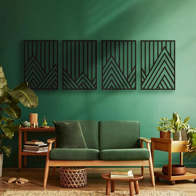 Glamativity 4 Pack Black Abstract Metal Wall Art, Minimalist Décor Single Line Art Wall Décor, 3D Textured Metal Wall Sculptures, for Living Room Bedroom Bathroom Study Room (Mountain Line, M Size 17 x 12'')