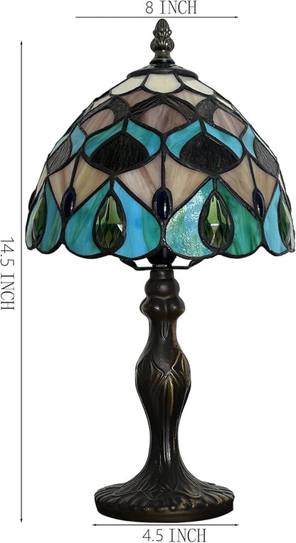Tiffany Style Lamp Stained Glass Table Lamp 8" x 14.5" Mini Accent Light Blue Phoenix Tail Design Small Decorative Bedside Memory Lamp