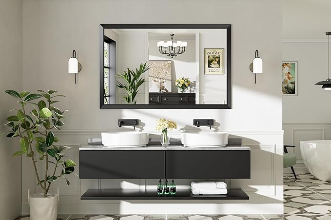 Briivue 55x36 Inch Black Bathroom Mirror for Wall, Thick Metal Framed Rectangle Mirrors for Over Sink, Bedroom, Living Room, Entryway, Anti-Rust, HD Tempered Glass