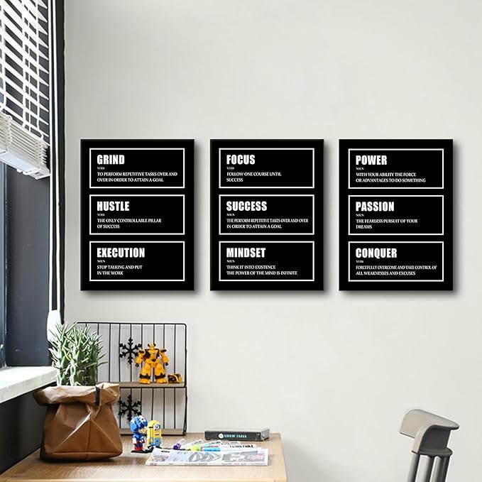 Hustle Success Passion Motivational Canvas Wall Art 3 Pieces Inspirational Painting Prints Entrepreneur Quotes Grind Posters Prints Black Wall Decor for Office Bedroom Workplace Framed [36''W X 16''H]