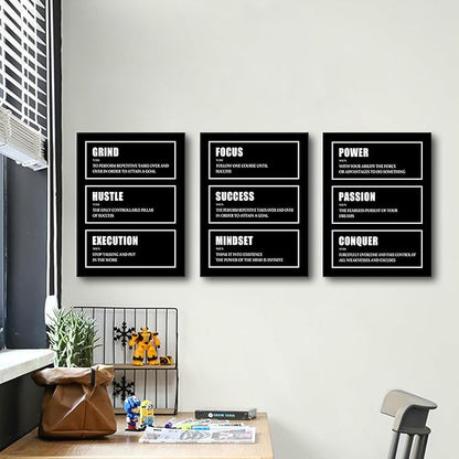 Hustle Success Passion Motivational Canvas Wall Art 3 Pieces Inspirational Painting Prints Entrepreneur Quotes Grind Posters Prints Black Wall Decor for Office Bedroom Workplace Framed [36''W X 16''H]