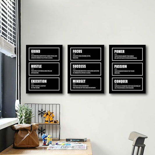 Hustle Success Passion Motivational Canvas Wall Art 3 Pieces Inspirational Painting Prints Entrepreneur Quotes Grind Posters Prints Black Wall Decor for Office Bedroom Workplace Framed [36''W X 16''H]