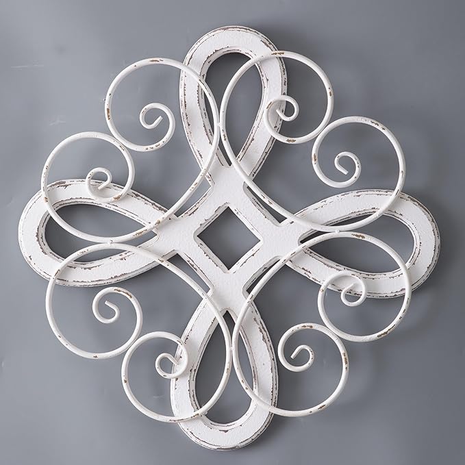 Sintosin Vintage Wrought Iron Wall Decor 22 Inch, Hanging Distressed White Farmhouse Wood and Metal Wall Art Decor, Rustic Medallion Home Wall Decor for Living Room Bedroom Entryway Hallway